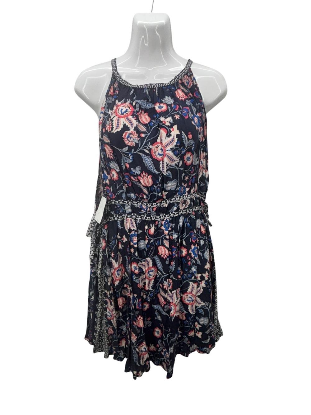 Dress Forum Floral Halter Mini Dress with Side Ties - Navy Blue / Pink - Size M